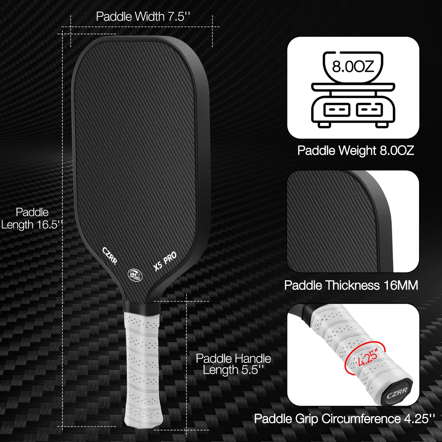 CZRR Pickleball Paddle, USA Pickleball Approved, 3K Raw Carbon Fiber Surface (CFS) High Grit & Spin, with 16MM Polypropylene Honeycomb Core, Ideal for Novice and Professional Players
