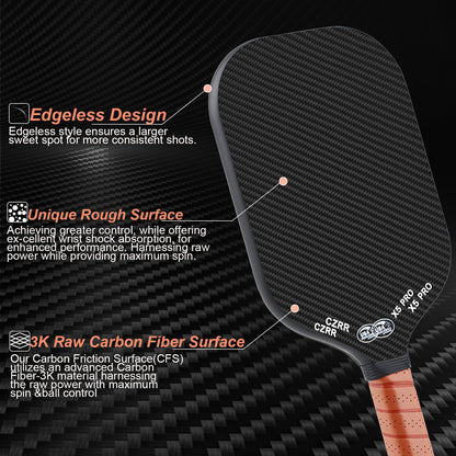 Pickleball Paddle, Edgeless Style 3K Raw Carbon Fiber Surface High Grit & Spin,USA Pickleball Approved, 16MM Polypropylene Honeycomb Core, Designed for Unmatched Control and Added Power