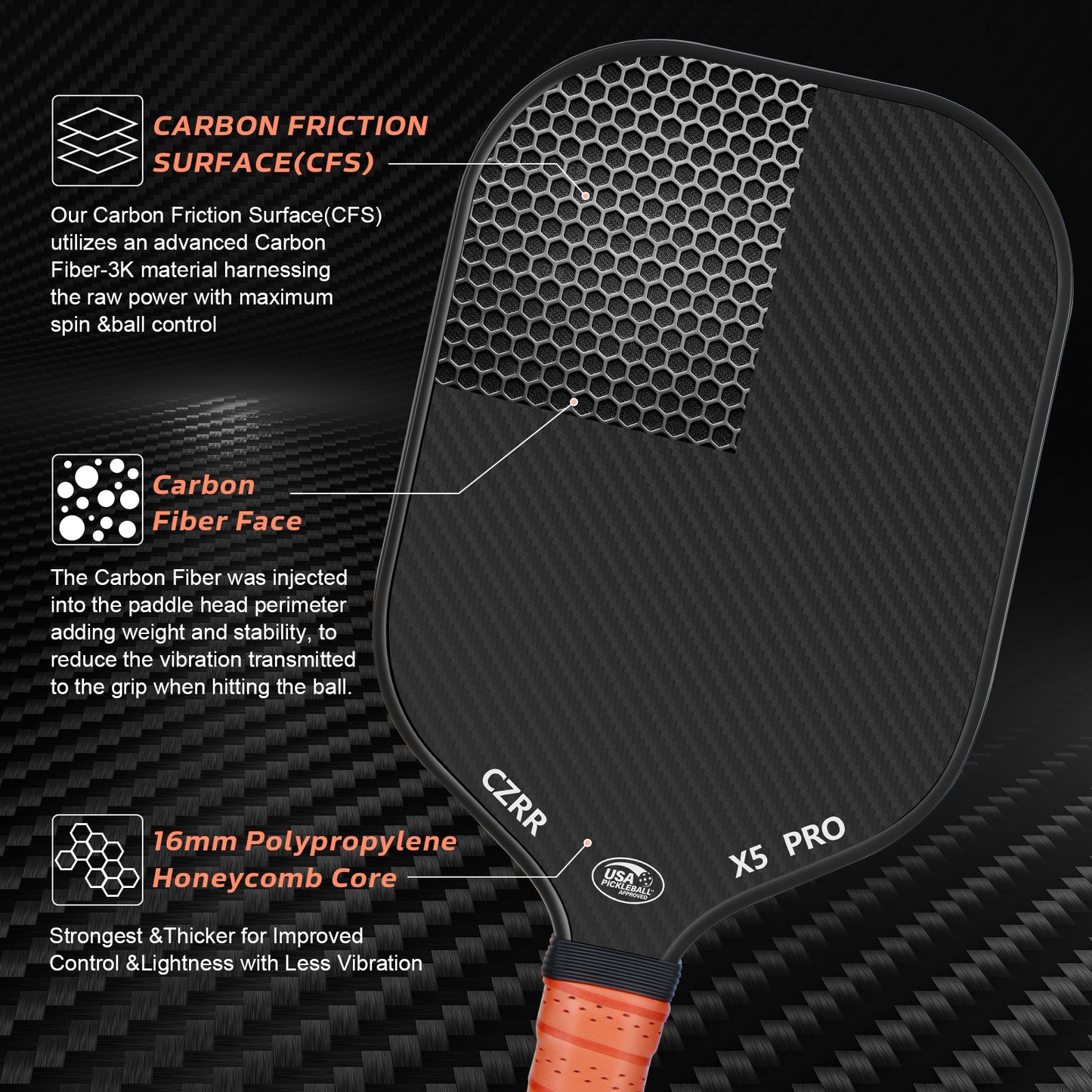 Pickleball Paddle, USA Pickleball Approved, 3K Raw Carbon Fiber Surface (CFS) High Grit & Spin, with 16MM Polypropylene Honeycomb Core, Ideal for Novice and Professional Players