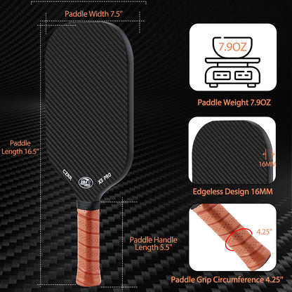 Pickleball Paddle, Edgeless Style 3K Raw Carbon Fiber Surface High Grit & Spin,USA Pickleball Approved, 16MM Polypropylene Honeycomb Core, Designed for Unmatched Control and Added Power